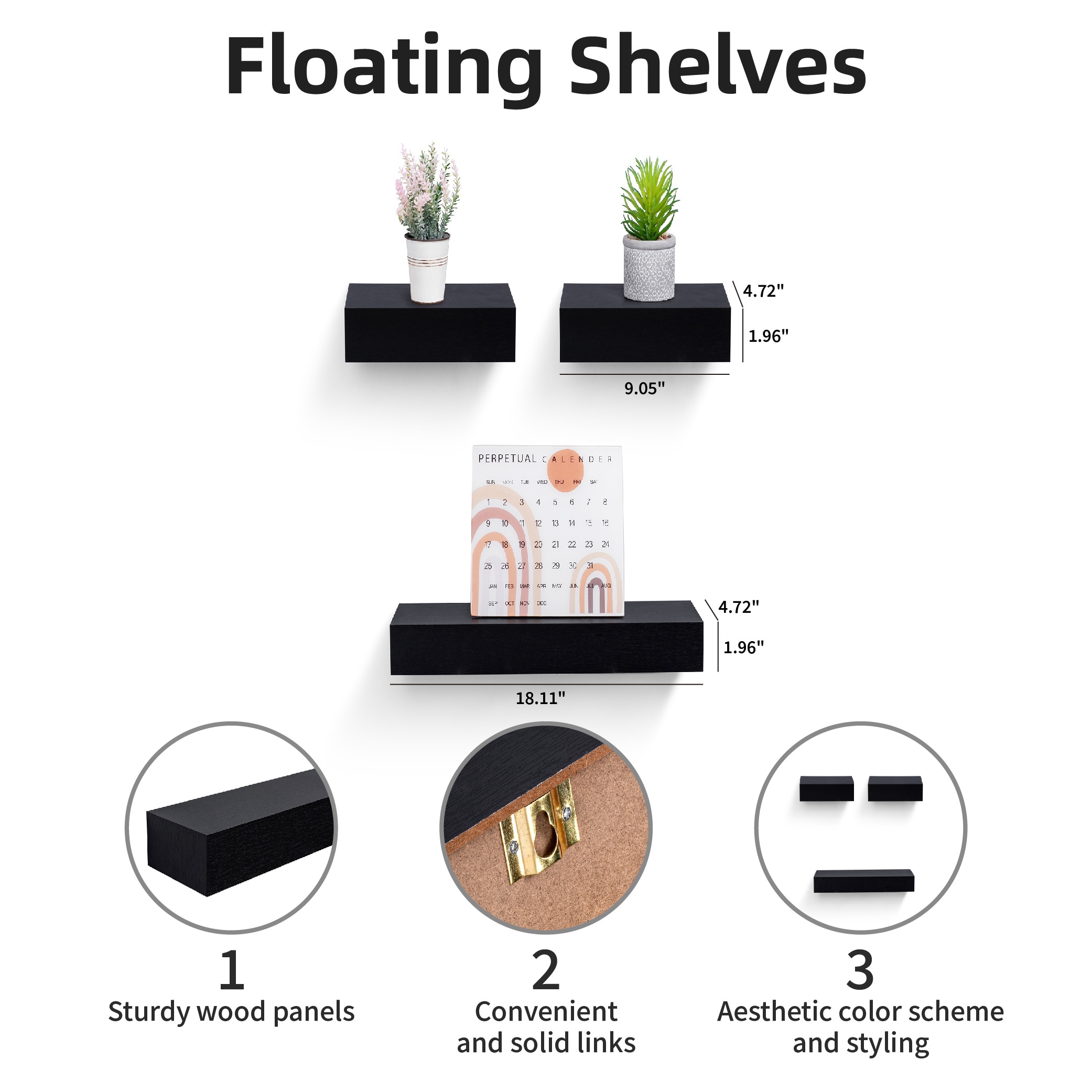 Floating Shelves 18.11" Wall Mounted Wood Shelves For Bathroom, Bedroom, Living Room, Kitchen, Hanging Shelf For Books/Storage/Decor With Invisible Brackets, Black_voghion.com
